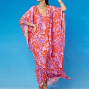 V-Neck Floral Maxi Caftan Dress in Coral Pink